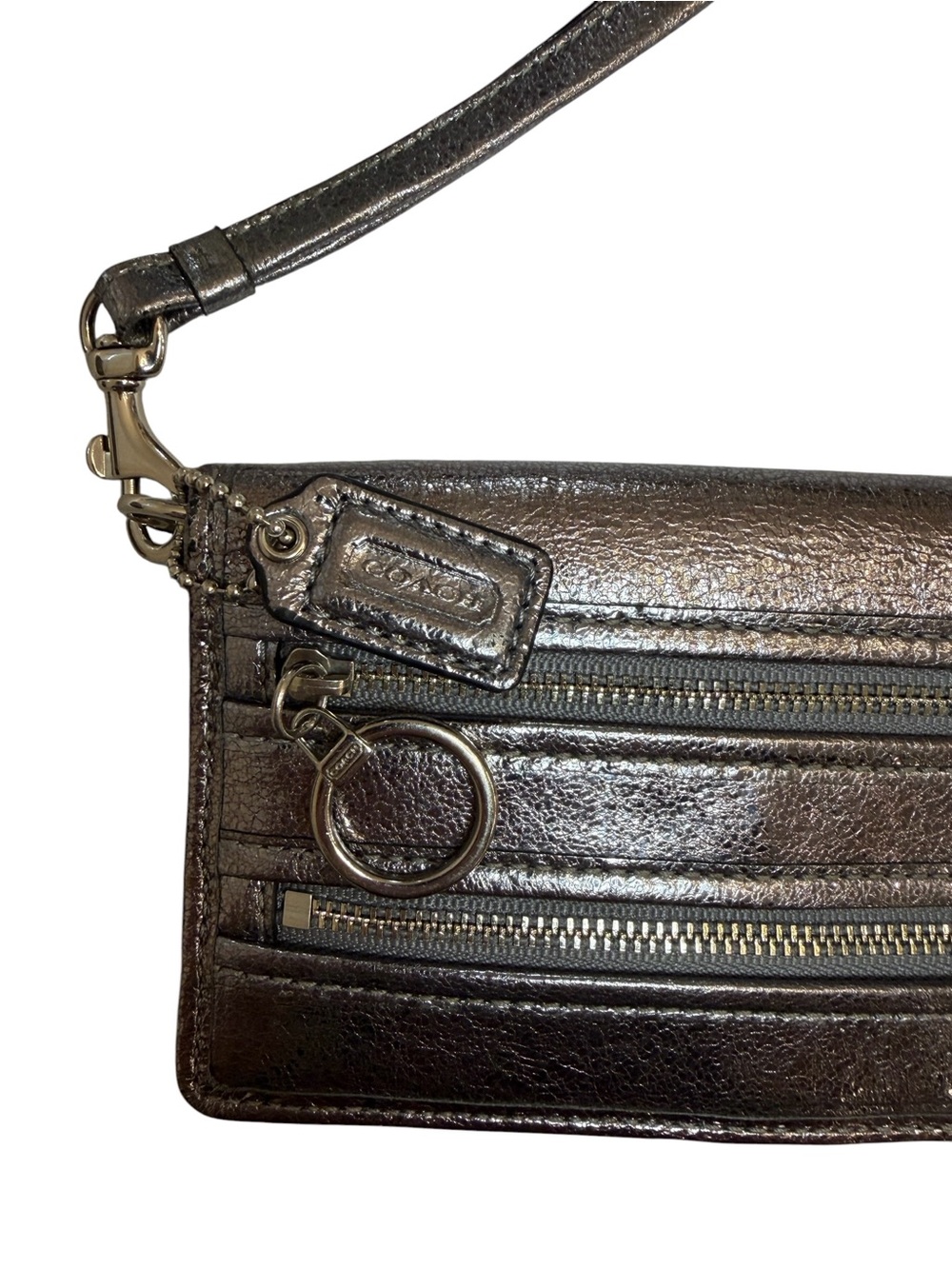 Coach Poppy Metallic Silver Leather Wristlet Clutch - Picture 2 of 5